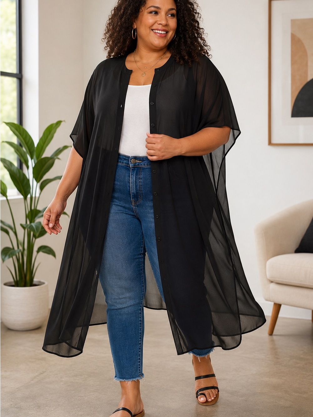 NWT Torrid‎ Chiffon Button Front Dolman Kimono Duster Black Size 0 Large 12